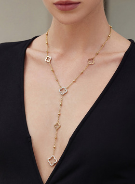 不锈钢镀金隔珠链微满钻镂空四叶