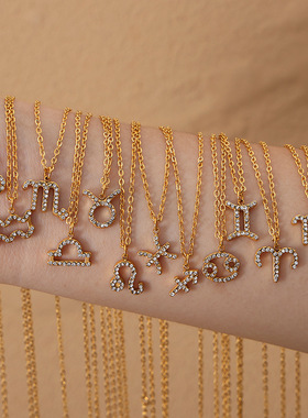 欧美嘻哈新款十二星座吊坠白羊狮子水钻吊坠项链 钛钢镀18K真金