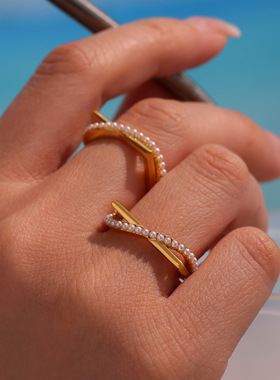 摩天轮ins满钻f交叉双层戒指不锈