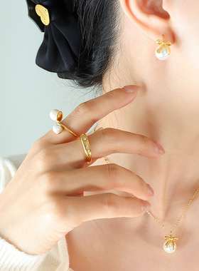 法式ins仿珍珠蝴蝶结耳环耳饰钛钢18k金项链 锁骨链饰品套装配饰