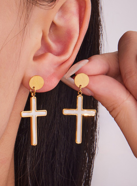 摩天轮欧美时尚十字架白贝耳坠耳