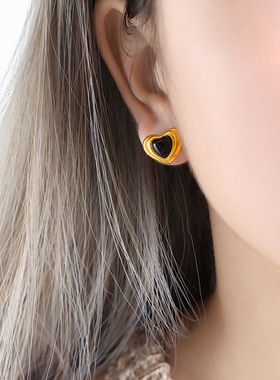 欧美新款百搭爱心桃心祖母绿玻璃石猫眼石吊坠钛钢项链耳环套装女