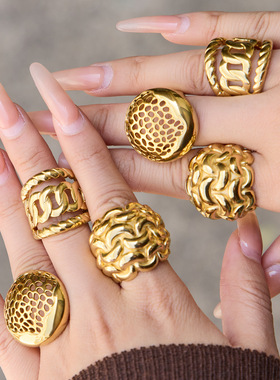 跨境INS夸张设计镂空戒指不锈钢