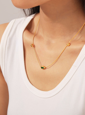 欧美复古三色玻璃石吊坠锁骨链女