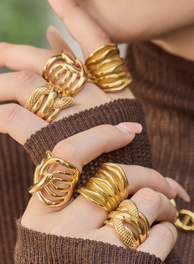 跨境几何线条镂空戒指饰品不锈钢