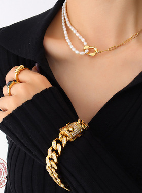 欧美网红气质设计感淡水珍珠拼接锁骨项链女冬季新款首饰 119饰品