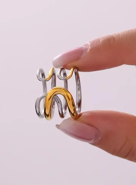 欧美ins设计感钛钢拼色光面线条缠绕多层戒指高端个性双环交叉戒