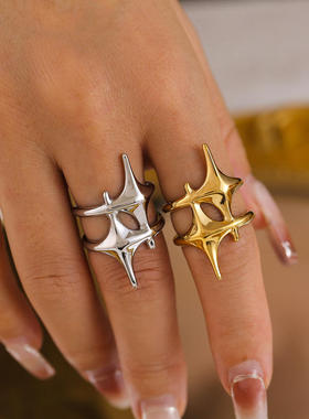 跨境欧美十字芒星戒指个性冷淡风钛钢镀18k真金潮流男女款食指戒