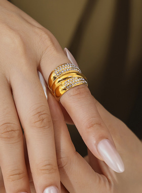 欧美镶钻多层排钻戒指嘻哈时尚