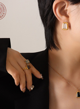 法式夏季ins配饰 时尚小众轻奢猫眼石吊坠项链耳环女首饰套装