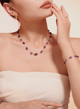 波西米亚风不规则紫色天然石手链锁骨项链钛钢复古轻奢感套装女
