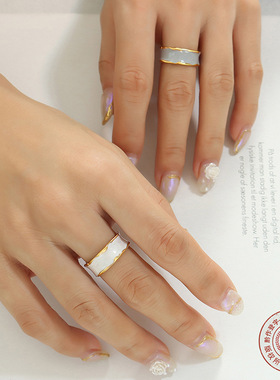 ins时尚简约浪漫时尚珐琅滴油蓝白色莫兰迪色开口戒指 欧美跨境潮