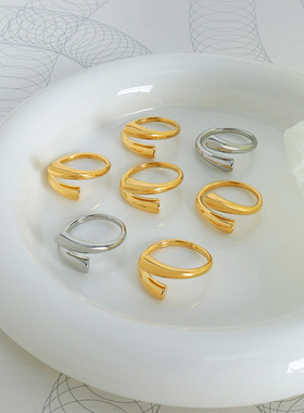 韩系休闲小清新时尚几何光面素圈开口设计感简约百搭钛钢镀金戒指