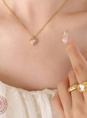 法式夏日小众设计感多色锆石镶嵌爱心吊坠项链耳环镀金边首饰套装