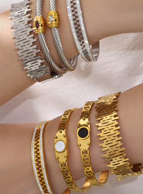 不锈钢几何不规则镂空手镯镶嵌5A