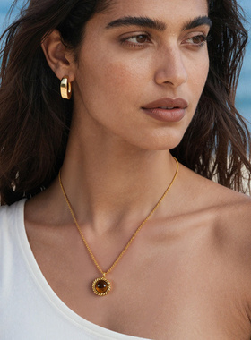 麻花链圆形虎眼石不锈钢吊坠项链