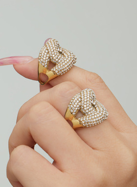 小香风镂空镶钻几何满钻戒指开口