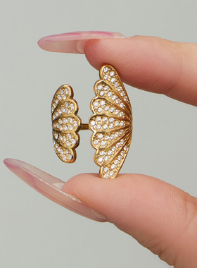 不锈钢镶锆石贝壳开口戒指可调节