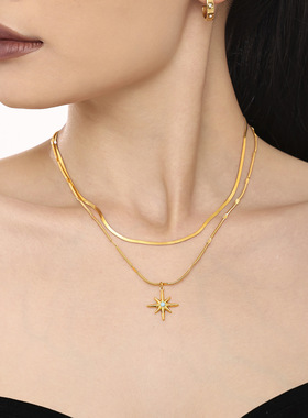 八芒星蓝松石黄铜吊坠项链跨境欧美钛钢镀18k金高端首饰锁骨链女
