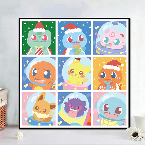 精灵宝可梦 皮卡丘diy数字油画 手绘填色油彩画 伊布杰尼龟九宫格 - 图0