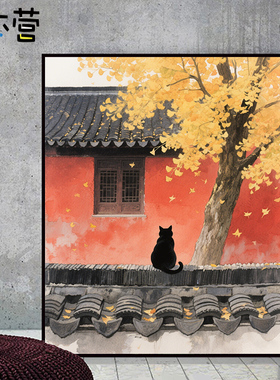 大本营diy数字油画黑猫红墙风景