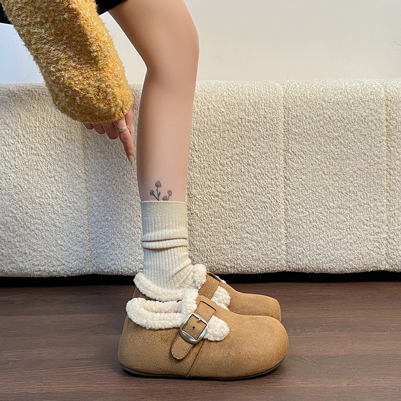 深咖色加绒勃肯鞋女冬季2025新款保暖豆豆毛毛鞋一脚蹬雪地棉鞋子,淘宝优惠券,粉丝福利购,淘宝优惠卷