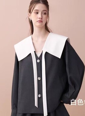 学院风海军领外套女秋冬撞色娃娃领百搭减龄装饰上衣