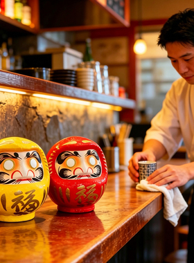 日本纸浆达摩摆件 红黄双色日式工艺装饰品 祈福纳祥家居摆设