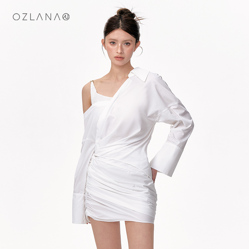 OZLANA不对称露肩长袖收腰衬衫裙辣妹风设计感2024年夏新品小众款 - 图1