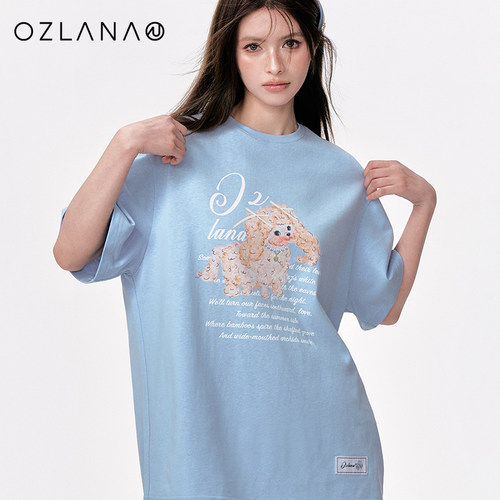 OZLANA印花纯棉T恤女夏季2024新品猫咪印花简约设计百搭休闲短袖-图2