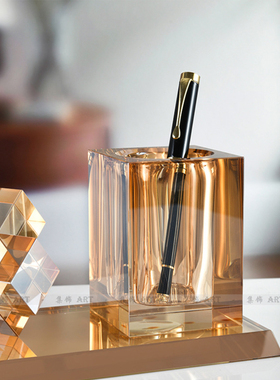 水晶笔筒组合现代书房几何摆件