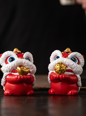 国潮故宫红色醒狮摆件招财纳福