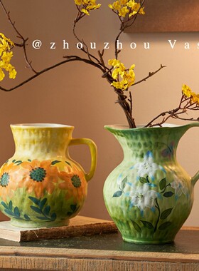 油画手绘花盆插花法式复