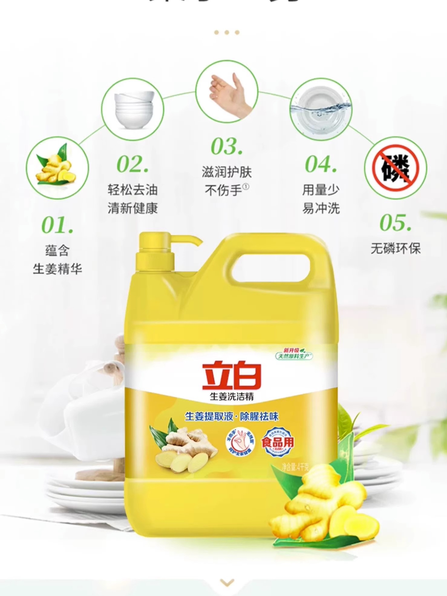 立白生姜洗洁精大桶家庭装家用实惠装商用餐饮洗涤剂食品用正品
