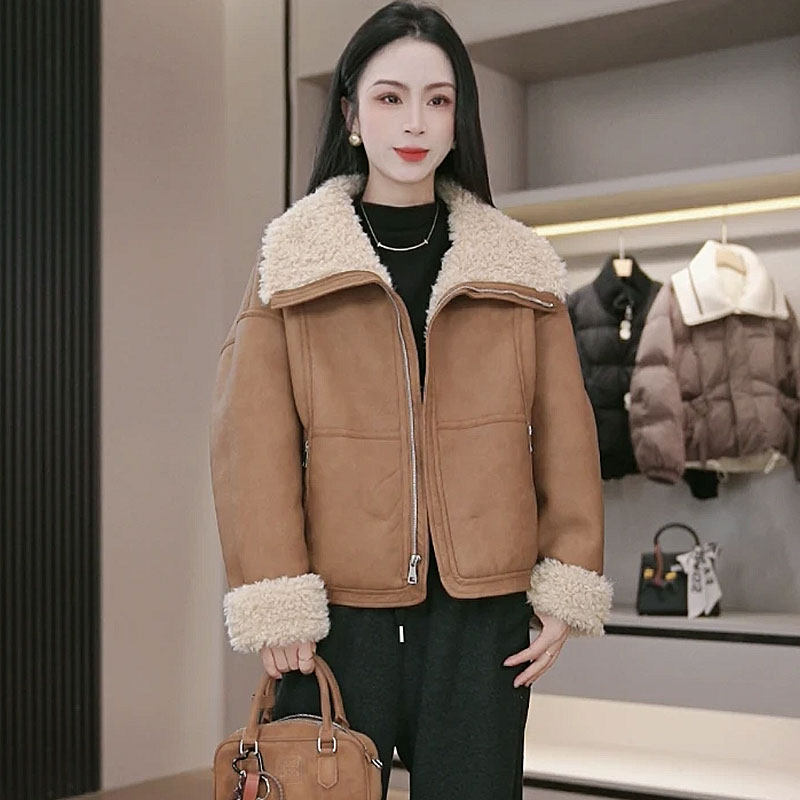 仿PU皮毛一体羊羔毛短外套女秋冬小个子新款加绒加厚皮夹克机车服,淘宝优惠券,粉丝福利购,淘宝优惠卷