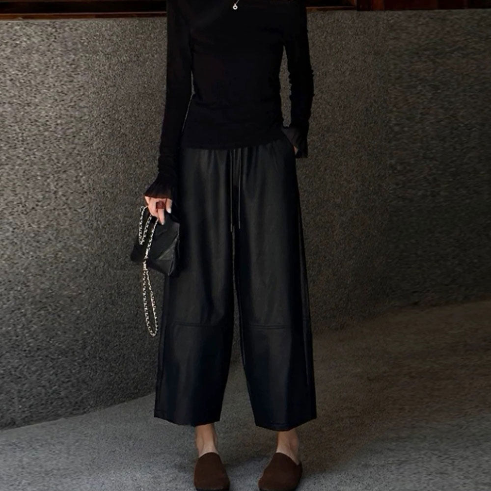 欧货时尚休闲收绳皮裤女2026秋冬款胖MM蛋白皮九分裤休闲直筒裤潮,淘宝优惠券,粉丝福利购,淘宝优惠卷