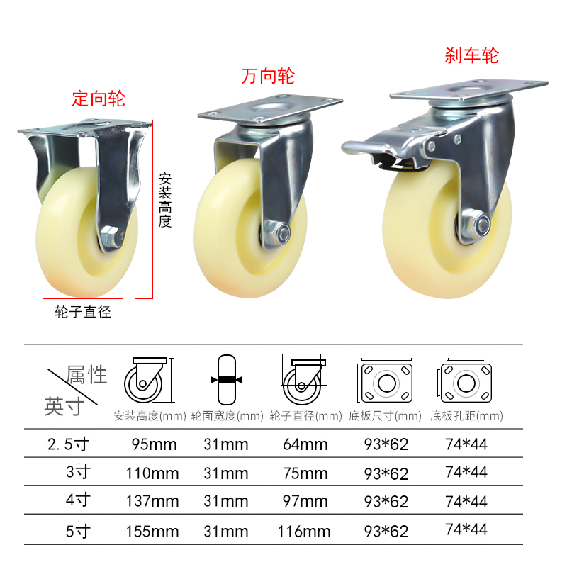 万向轮轮子通用重型万向脚轮2寸3寸4寸工业平板推车尼龙滑轮滚轮 - 图0