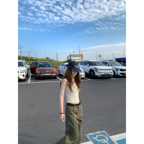 CHANGING REAL 浅滩苔原 军绿色复古阔腿牛仔裤女高腰显瘦长裤夏 - 图2