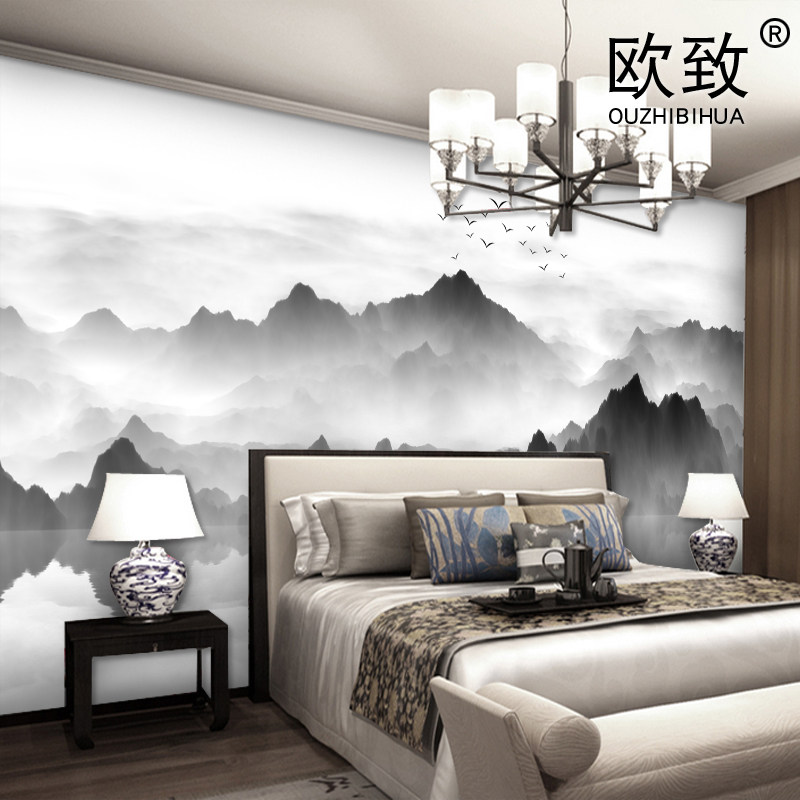 新中式3d立体水墨画电视背景墙壁纸8d客厅山水画壁布酒店茶室墙纸_虎窝淘