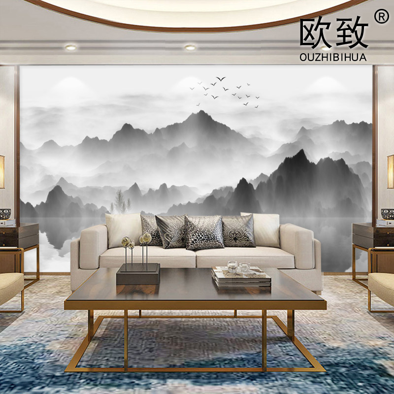 新中式3d立体水墨画电视背景墙壁纸8d客厅山水画壁布酒店茶室墙纸_虎窝淘