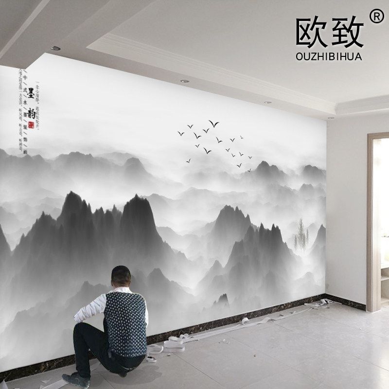 新中式3d立体水墨画电视背景墙壁纸8d客厅山水画壁布酒店茶室墙纸_虎窝淘