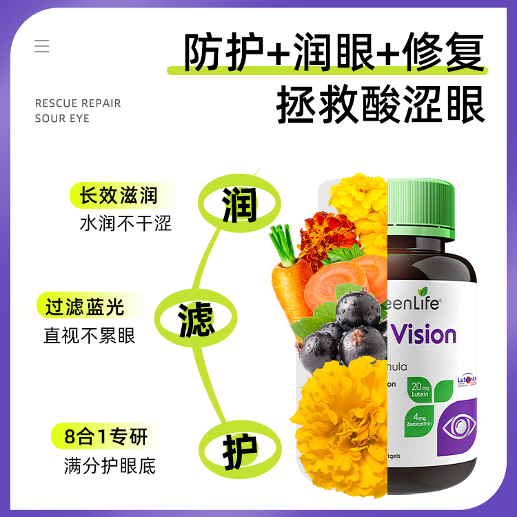 Greenlife叶黄素成人护眼片lutein专利花青素虾青保健胶囊非蓝莓 - 图1