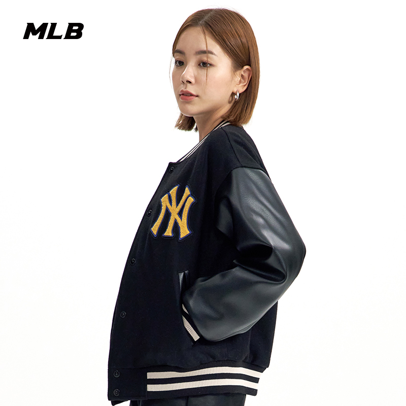 MLB官方男女情侣拼接棒球外套休闲羊毛百搭夹克JPF01-图0