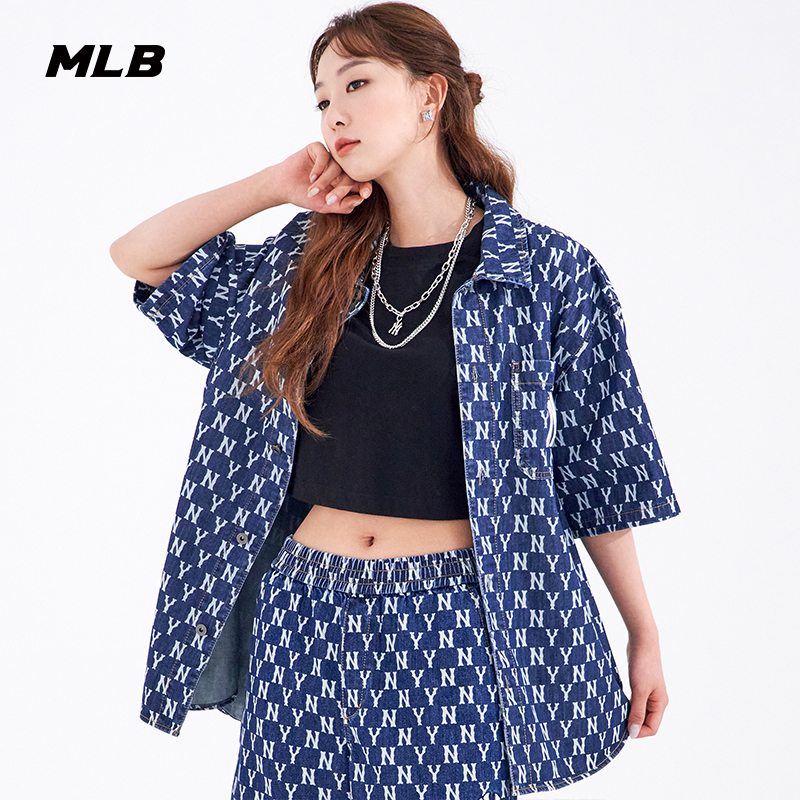 MLB官方男女情侣牛仔衬衫复古老花T恤外套运动休闲夏季DRMN1_虎窝淘