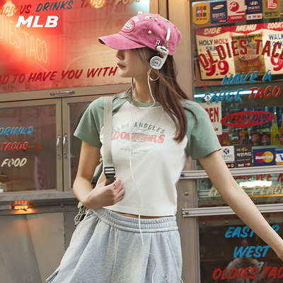 MLB官方女款休闲复古胶片短款撞色休闲T恤
