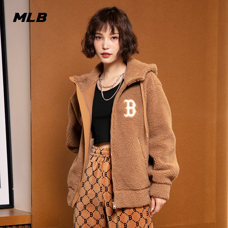 MLB官方 男女情侣仿羊羔绒连帽夹克休闲宽松外套冬季FDEC2