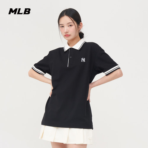 MLB官方 男女情侣凉感防晒polo衫时尚条纹边短袖夏季新款PQB02 - 图1