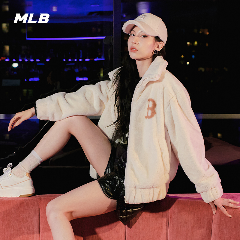 MLB官方男女情侣撞色logo学院风仿羊羔绒夹克外套冬季新款FDV02 - 图0