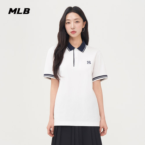 MLB官方 男女情侣凉感防晒polo衫时尚条纹边短袖夏季新款PQB02 - 图0