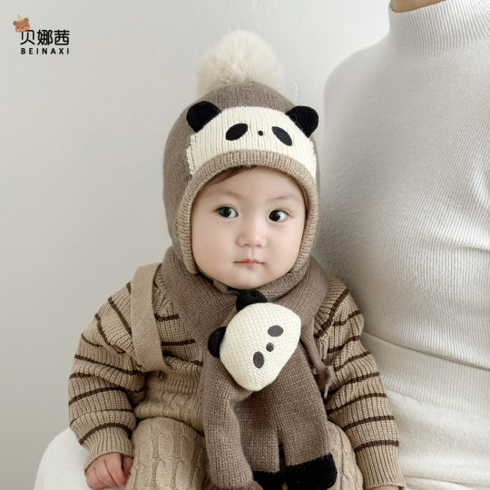 婴儿帽子秋冬季男宝宝可爱针织帽婴幼儿冬季毛线帽外出护耳帽围巾